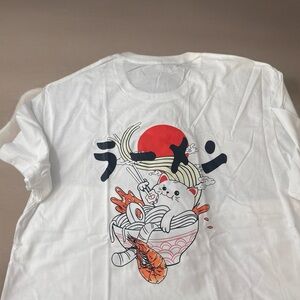 White Graphic Tee with Cat and Ramen Design